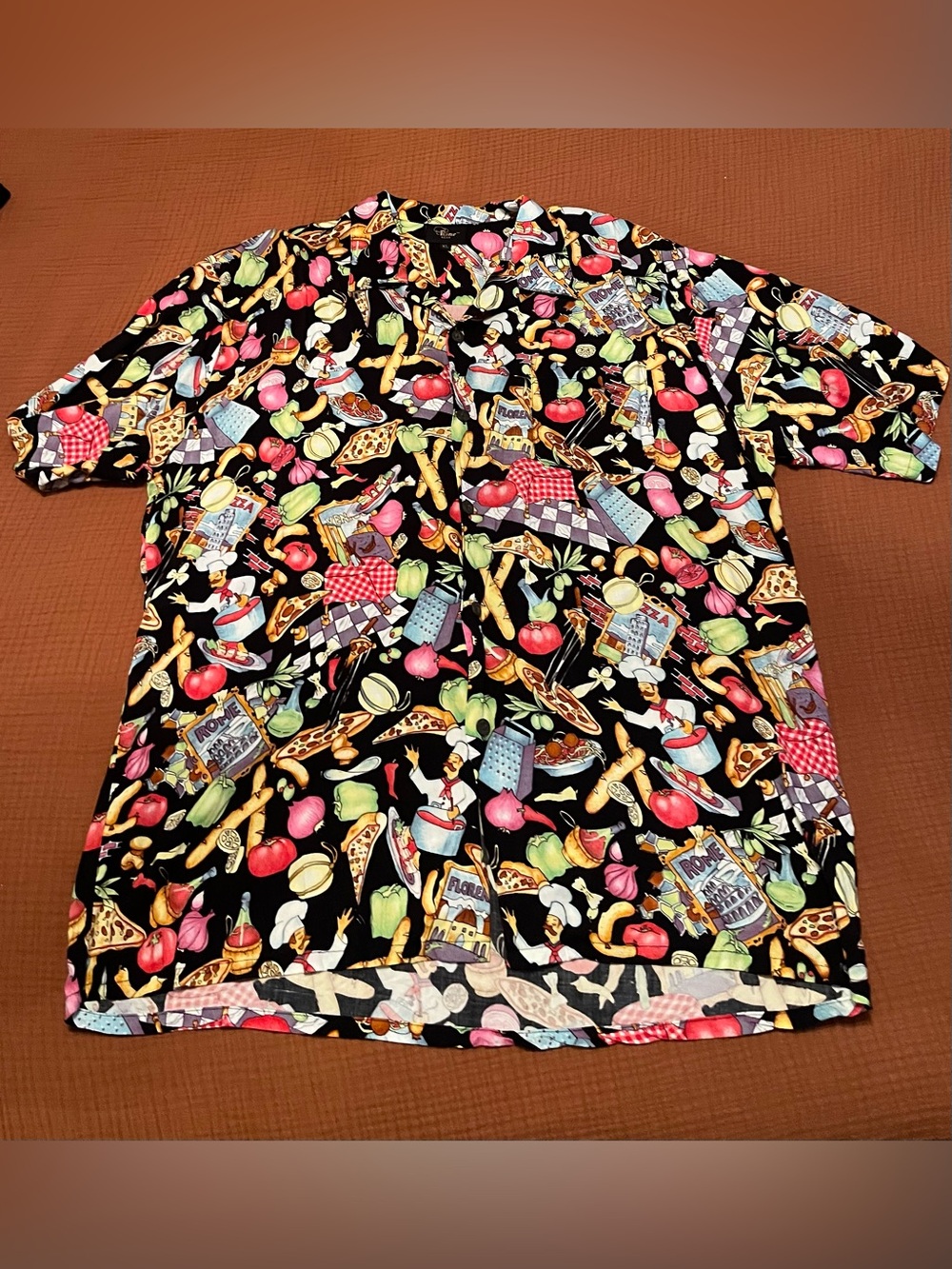 Black Italian Food Print Button-Up Shirt